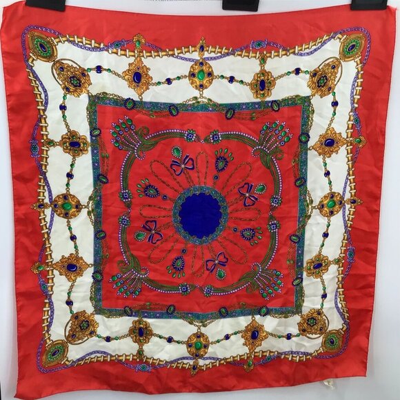 Vintage Accessories - Women's Colorful Vintage Large Square Scarf Jewels Christmas Colors Retro 1980s
